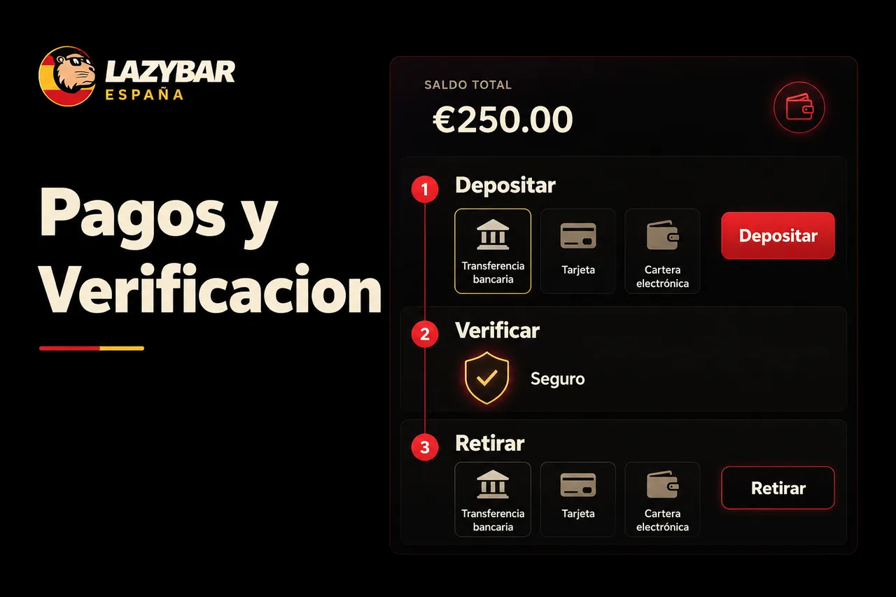 Pagos y verificación KYC en Lazybar Casino España: depósito, verificación segura y retiro con transferencia bancaria, tarjeta o cartera electrónica